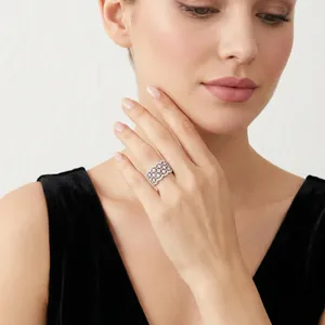 Elegant S925 sterling silver wide band ring with sparkling moissanite stones for women