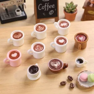 Assorted miniature resin coffee cups with heart latte art for dollhouse decor and DIY crafts