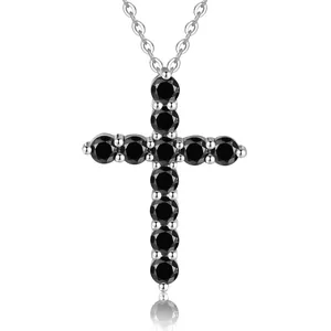 Detailed close-up of a s925 silver cross pendant necklace with black moissanite stones