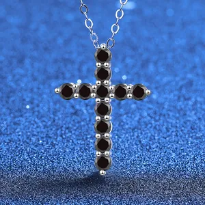 Elegant S925 sterling silver cross pendant necklace featuring black moissanite stones