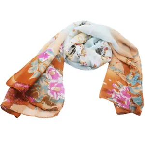 Elegant floral printed lightweight chiffon scarf with orange and blue butterfly motifs