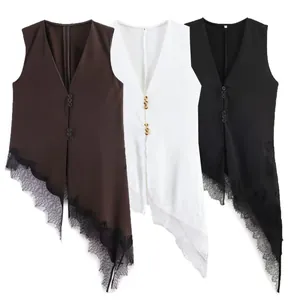 Elegant sleeveless asymmetric lace hem vest top shown in brown, white, and black colors