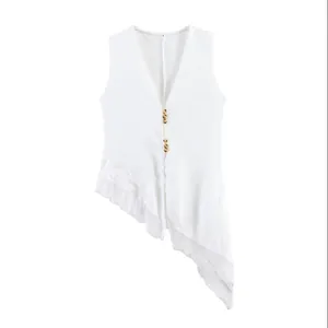 Elegant white sleeveless vest with asymmetric lace trim and gold button details