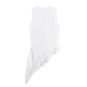 Elegant white sleeveless asymmetrical hem top featuring delicate lace fringe detail on the back