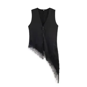 Fashionable black asymmetrical lace vest top with V-neck and button front design