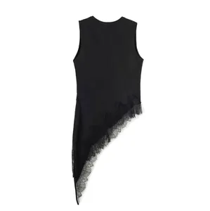 Detail showing the intricate asymmetrical lace hemline of the black sleeveless top.