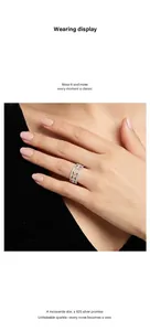 Close-up detailed view of a sparkling S925 silver Moissanite ring worn on a model finger.