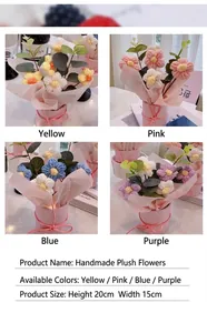 Close-up of handmade knitted puff flower bouquets in four soft pastel colors for gifts