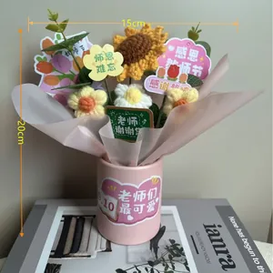 Handmade crochet puff flower bouquet in a pink hug bucket, 15x20cm decorative gift