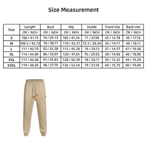 Detailed size chart for men's khaki solid color joggers sweatpants showing measurements