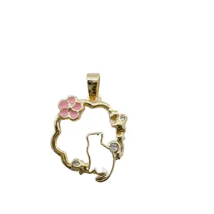 18K gold-plated cat pendant with pink flower for DIY jewelry making
