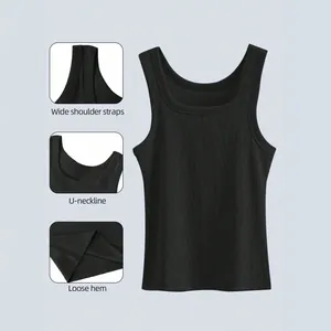 Schwarzes geripptes Damen-Sport-Top mit breiten Schultergurten und U-Ausschnitt-Details