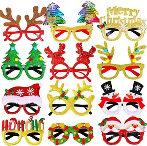 Set of 12 glittery Christmas party glasses frames with festive holiday designs.