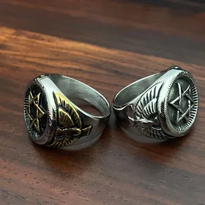 Close-up detail of titanium stainless steel military rings with hexagram and eagle designs