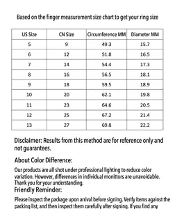 Ring size chart showing US and China sizes with circumference and diameter measurements
