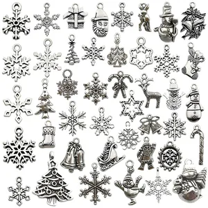 Vintage silver Christmas charms set for DIY jewelry making with snowflakes and trees