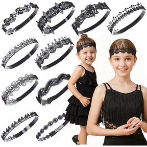 Set of 10 black lace headbands for children's Latin dance featuring floral embroidery