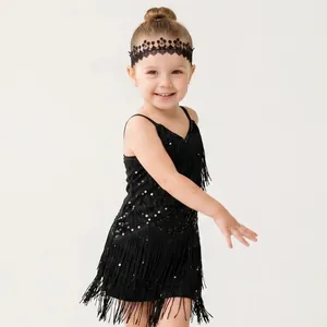 Black hollow lace headband and fringed sequin dress for kids Latin dance performance