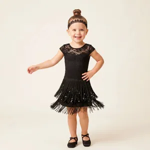 Toddler girl in black lace latin dance dress with fringe and matching lace headband