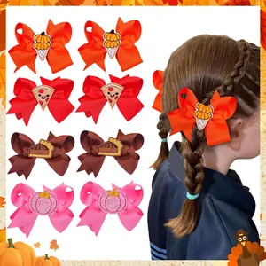 Children's Thanksgiving bow hair clips featuring cute pumpkin and dessert embroidery
