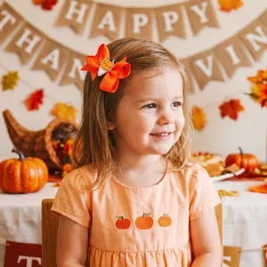 Sweet orange Thanksgiving bow hair clip for children with embroidery