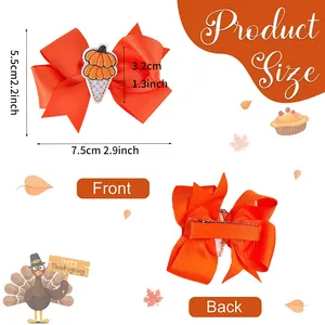 Size chart for orange Thanksgiving embroidered bow hair clip showing front and back views