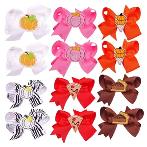 12Pcs children's Thanksgiving bow hair clips with pumpkin and pizza embroidery patches