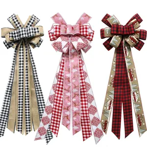 Large Christmas Tree Topper Bow Rustic Buffalo Plaid Burlap Ribbon With Red Truck Reindeer Pattern For Holiday Home Decor