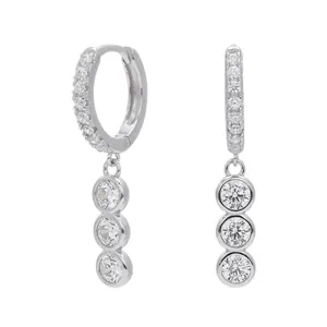 Elegant s925 sterling silver hoop earrings with triple brilliant clear stone dangles