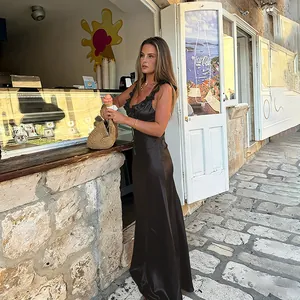 Elegant slim fit black satin slip maxi dress for vacation and summer evening wear