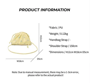 Dimensions and material details of the yellow polka dot pleated dumpling crossbody bag.