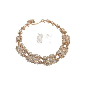 Elegant French vintage faux pearl and rhinestone necklace and earrings jewelry set.
