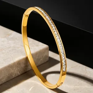 Stainless Steel Hinged Bangle For Women With Square Cubic Zirconia Inlay Waterproof Non-Fading Elegant Minimalist Jewelry