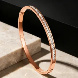 Stainless Steel Bangle Bracelet With Single Row Square Cubic Zirconia Hinge Clasp Elegant Fashion Jewelry For Women