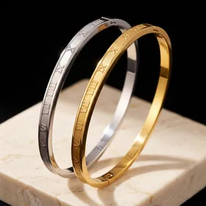 Stainless Steel Bangle Bracelet Roman Numerals Engraved High Polished Minimalist Fashion Jewelry For Women