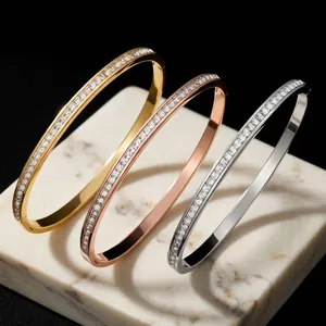Elegant Stainless Steel Bangle Bracelet With Square Cut Rhinestones Hinge Clasp Light Luxury Fashion Jewelry For Women