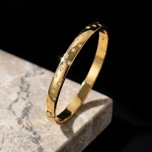 Stainless Steel Star Bangle Rhinestone Inlaid Titanium Steel 18K Gold Plated Hinge Clasp Elegant Minimalist Bracelet For Women