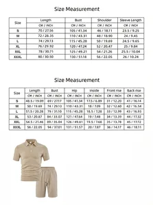 Detailed size chart for men's waffle knit polo shirt and shorts two-piece set in khaki.