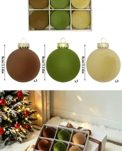 Detailed view of 8cm flocked Christmas balls in brown, green, and beige colors in box.