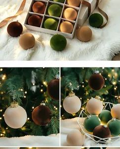Assorted flocked PET Christmas ornaments in green and brown for tree decoration