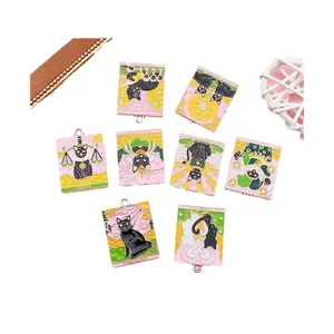 Rectangular black cat tarot card enamel charms for DIY jewelry and craft making