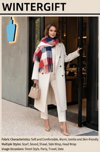 Elegant plaid imitation cashmere scarf with tassels for women, winter warm shawl