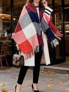 Premium elegant cashmere-like plaid shawl with fringes for autumn and winter warmth scarf.