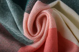Close-up detail of soft faux cashmere plaid scarf showing warm texture and fabric weave
