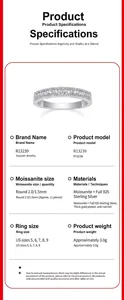 Product specifications of 925 sterling silver moissanite ring with sizing and weight info