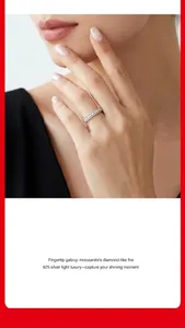 Close-up detail of a minimalist 925 silver ring set with sparkling moissanite stones