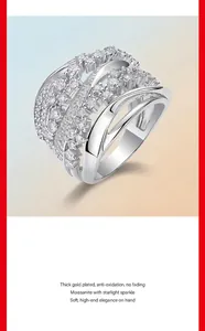 Close-up of multi-layer S925 silver ring with Moissanite stones and thick gold plating