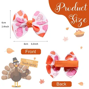 Nœud papillon imprimé citrouille de Thanksgiving pour filles avec dimensions recto-verso