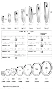 Detailed size chart for S925 sterling silver hoop earrings from 6mm to 18mm