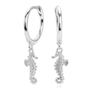 Elegant S925 sterling silver hoop earrings featuring detailed seahorse charms ocean theme